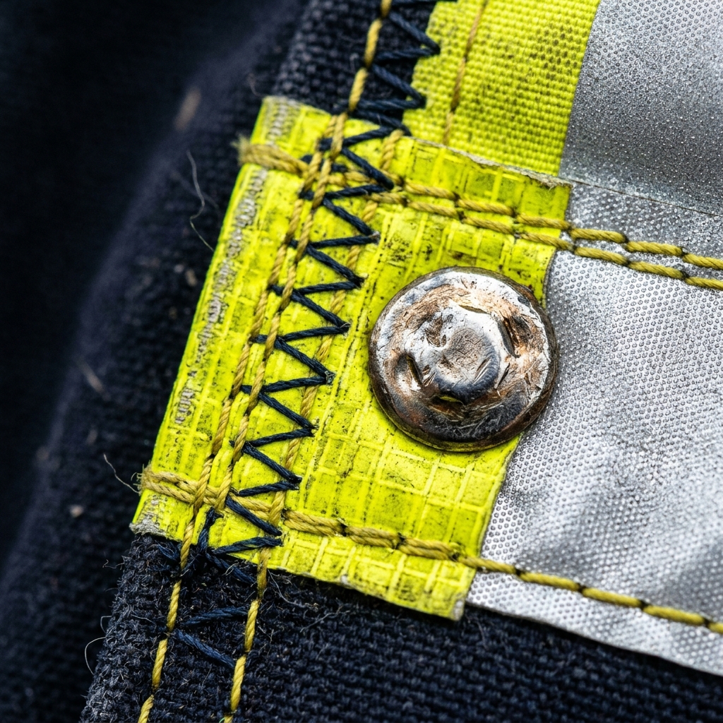 Macro photography of metallic rivets and ultra-firm reinforced stitching